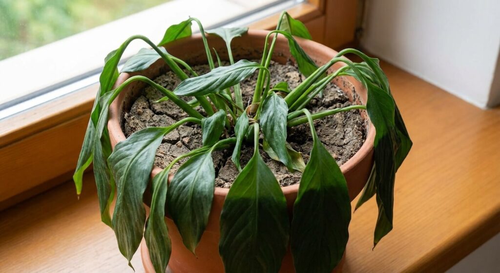 Plante Spathiphyllum (Fleur de Lune) dont toutes les feuilles sont affaissées et molles, signe caractéristique d'un stress hydrique intense