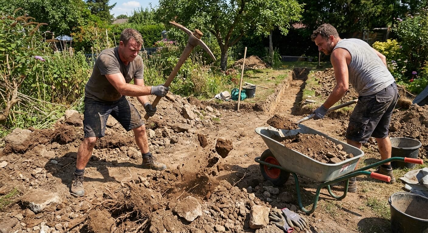 Chantier de terrassement manuel dans un jardin, montrant l'utilisation de la pioche pour ameublir la terre et de la pelle pour l'évacuer, un travail physique intense