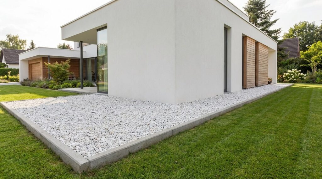 Maison contemporaine entourée d'une bande de propreté en graviers blancs roulés, délimitée par une bordure en béton, protégeant le crépis des éclaboussures