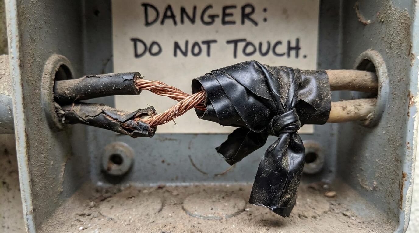 Gros plan sur une connexion électrique dangereuse faite à la main : deux fils de cuivre torsadés ensemble et grossièrement recouverts de ruban adhésif isolant, pratique strictement interdite