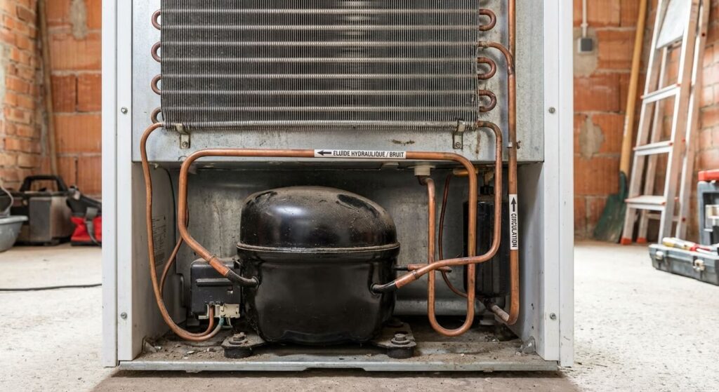Vue arrière d'un réfrigérateur montrant le compresseur et la grille de condensation, lieux où circulent les fluides générant les bruits hydrauliques