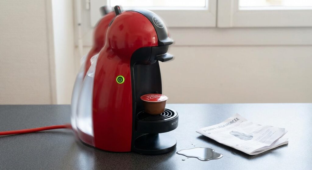 Machine à café Dolce Gusto Krups (modèle Piccolo ou Genio) qui vibre fortement sans faire couler d'eau, signe typique d'une pompe désamorcée