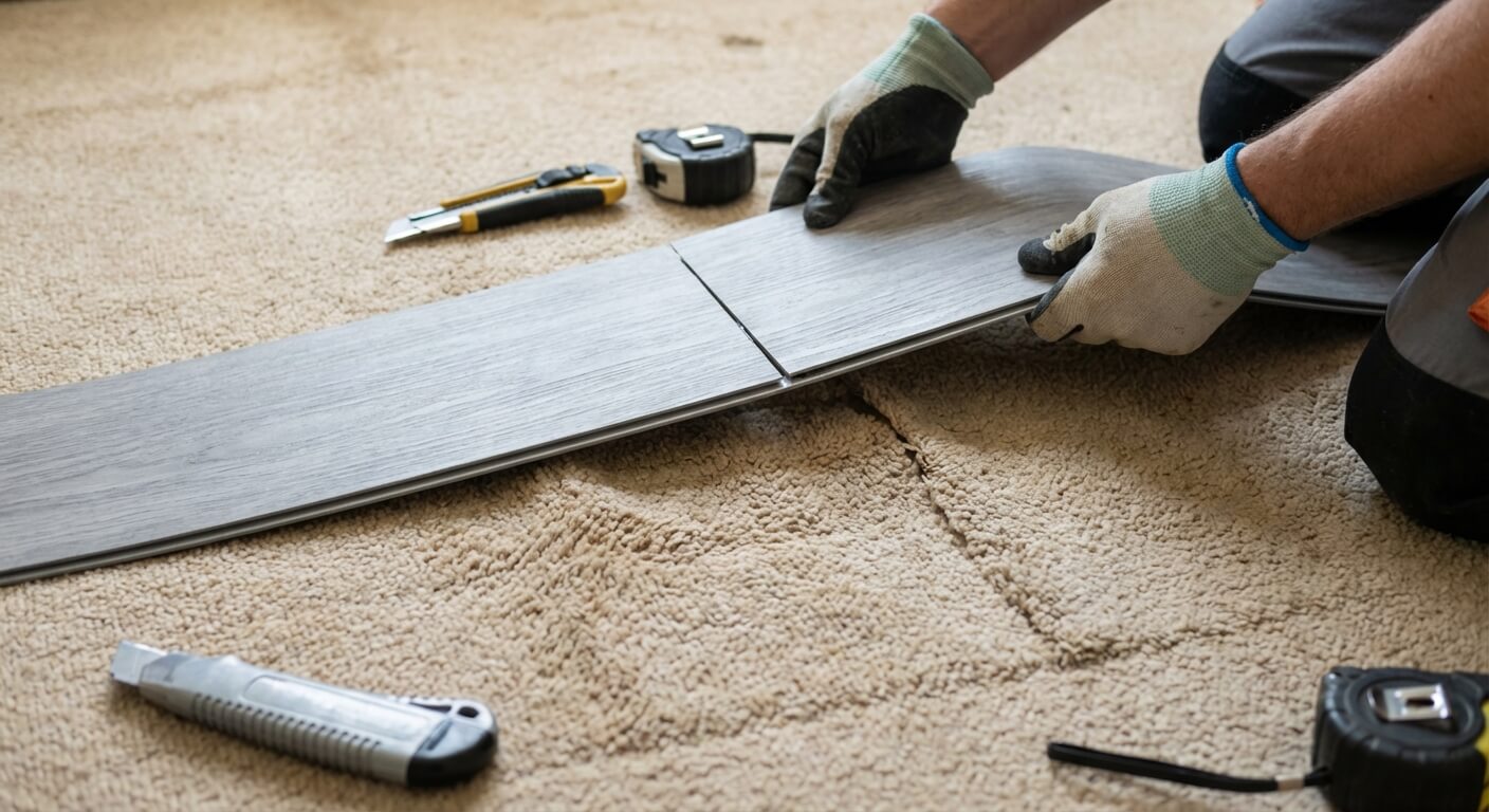 Tentative de pose d'une lame de sol PVC clipsable directement sur une vieille moquette rase, illustrant le risque d'instabilité des joints