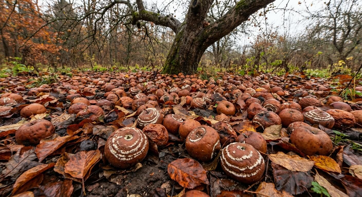 Tapis de pommes brunes et décomposées jonchant le sol sous un pommier en automne, certaines présentant les cercles concentriques blancs typiques de la moniliose