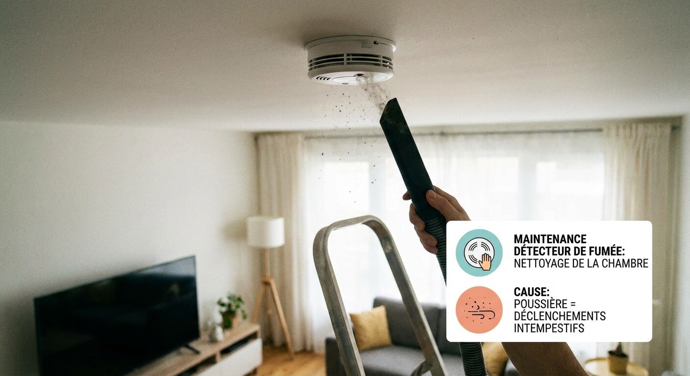 Entretien d'un détecteur de fumée à l'aide d'un aspirateur pour retirer la poussière de la chambre de détection, cause fréquente de déclenchements intempestifs