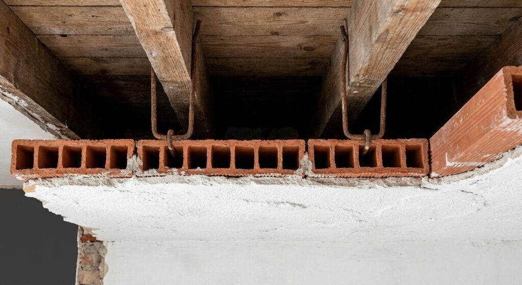 Coupe technique d'un plafond en briques plâtrières rouges suspendues par des crochets à des solives, montrant l'espace vide au-dessus et la couche de plâtre en dessous