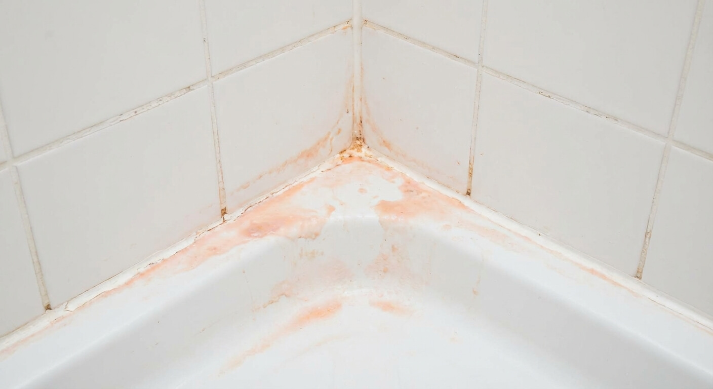 Joints de carrelage de douche et bac de douche présentant des traînées visqueuses de couleur orange-rosé, caractéristiques du développement bactérien en milieu humide
