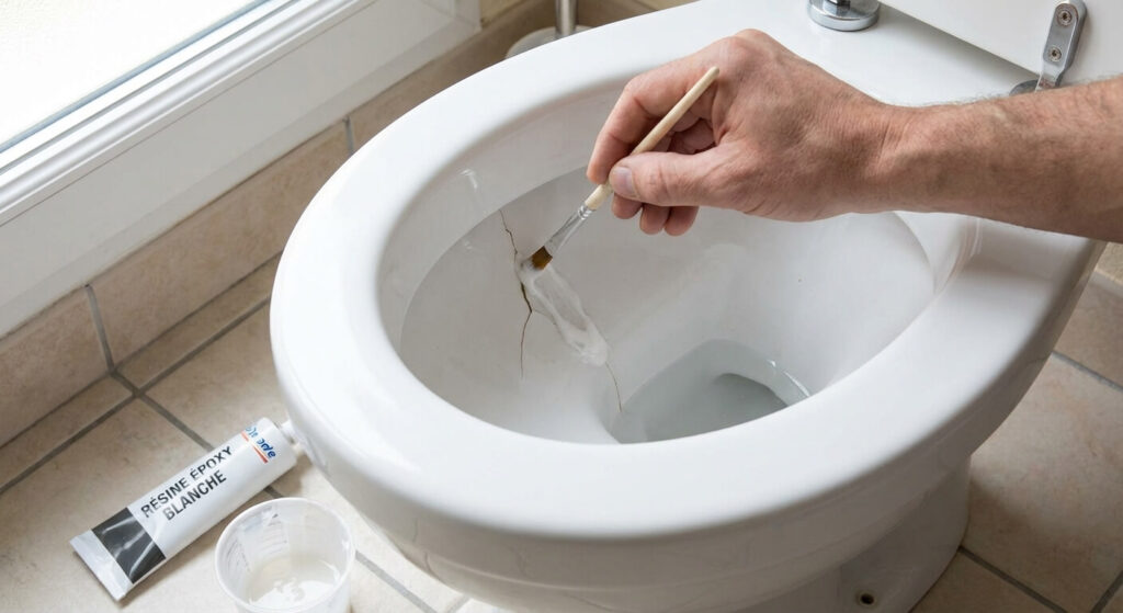Application minutieuse d'une résine époxy blanche bicomposant à l'aide d'un petit pinceau pour combler une fissure dans la faïence des toilettes