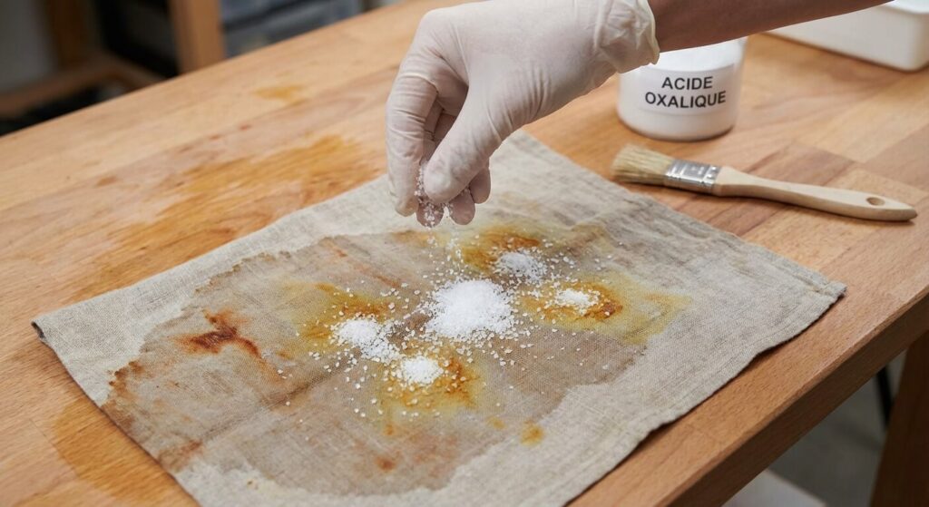 Linge ancien piqué de rouille : Comment le détacher sans l'abîmer ? 3 Application de cristaux de sel d'oseille (acide oxalique) sur un tissu mouillé pour dissoudre chimiquement la rouille sans frotter