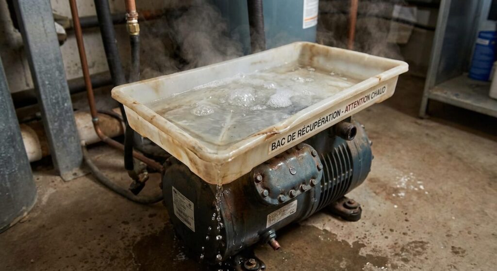 Bac de récupération d'eau situé sur le compresseur chaud, souvent responsable des bruits d'évaporation ou de débordement