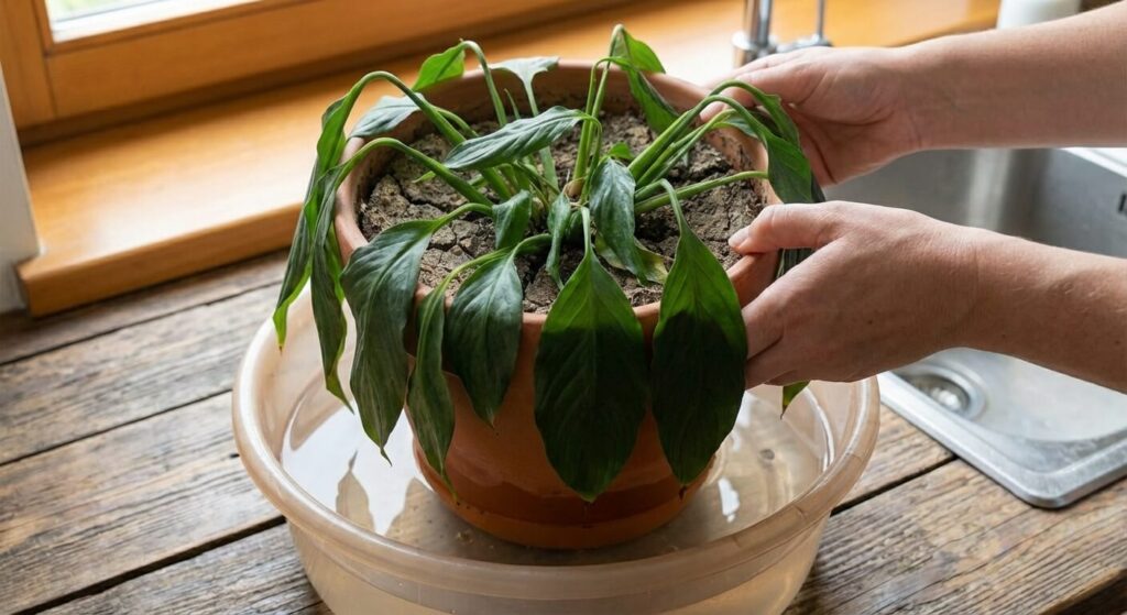 Technique du bassinage consistant à immerger le pot de la plante dans un fond d'eau pour réhydrater la motte par capillarité et redresser le feuillage