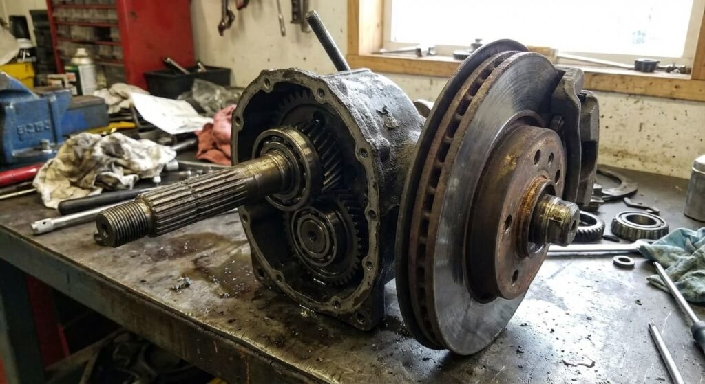 Pont arrière (boîte de vitesse) d'un tracteur tondeuse démonté, mettant en évidence l'axe d'entrée et le disque de frein, composants clés de la transmission