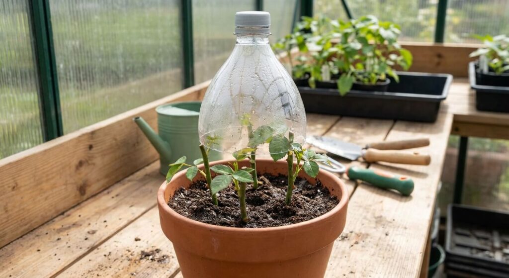 Technique de la bouture à l'étouffée : tronçons de tiges de rosiers plantés en terre et recouverts d'une demi-bouteille en plastique pour garder l'humidité