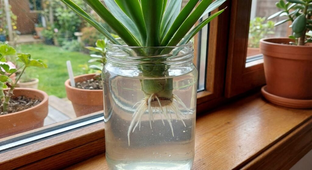 Tête de Yucca coupée et placée dans un bocal d'eau pour développer de nouvelles racines, méthode efficace pour sauver la plante