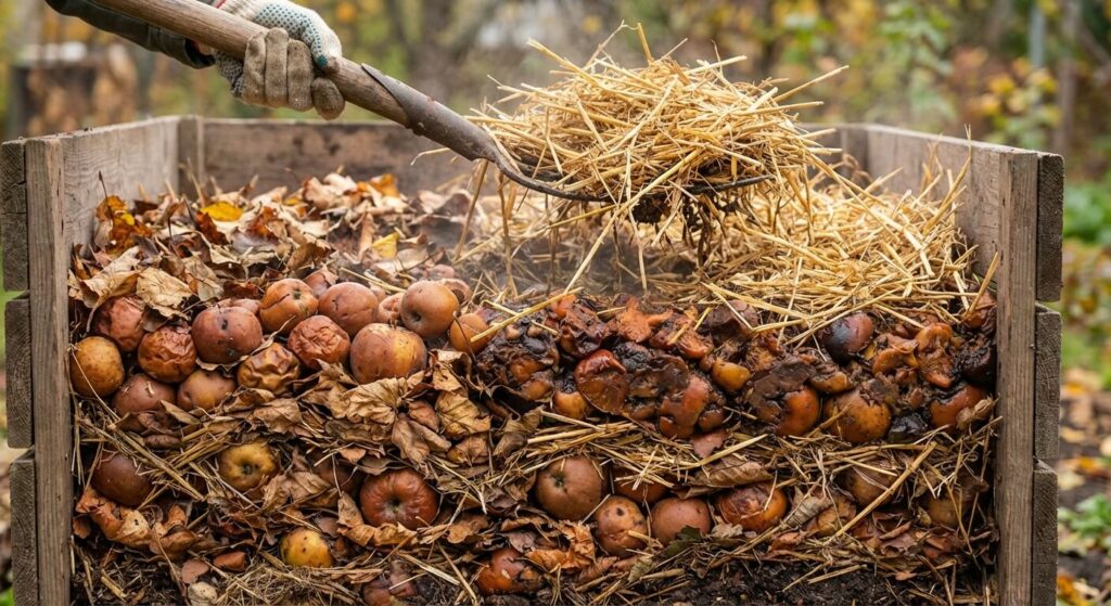 Que faire des pommes pourries au pied des pommiers : Déchets ou Danger sanitaire ? 3 Technique de compostage des fruits tombés : alternance de couches de pommes pourries et de matières sèches (feuilles mortes, paille) pour éviter l'acidité et favoriser la décomposition