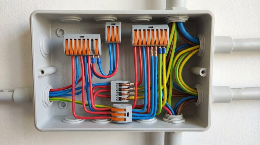 Installation conforme montrant des fils électriques rigides et souples connectés proprement dans des bornes automatiques (type Wago) à l'intérieur d'une boîte de dérivation