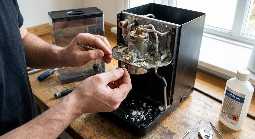 Utilisation de l'outil de débouchage (aiguille fine en métal) situé derrière le réservoir pour nettoyer l'injecteur de la machine entartrée