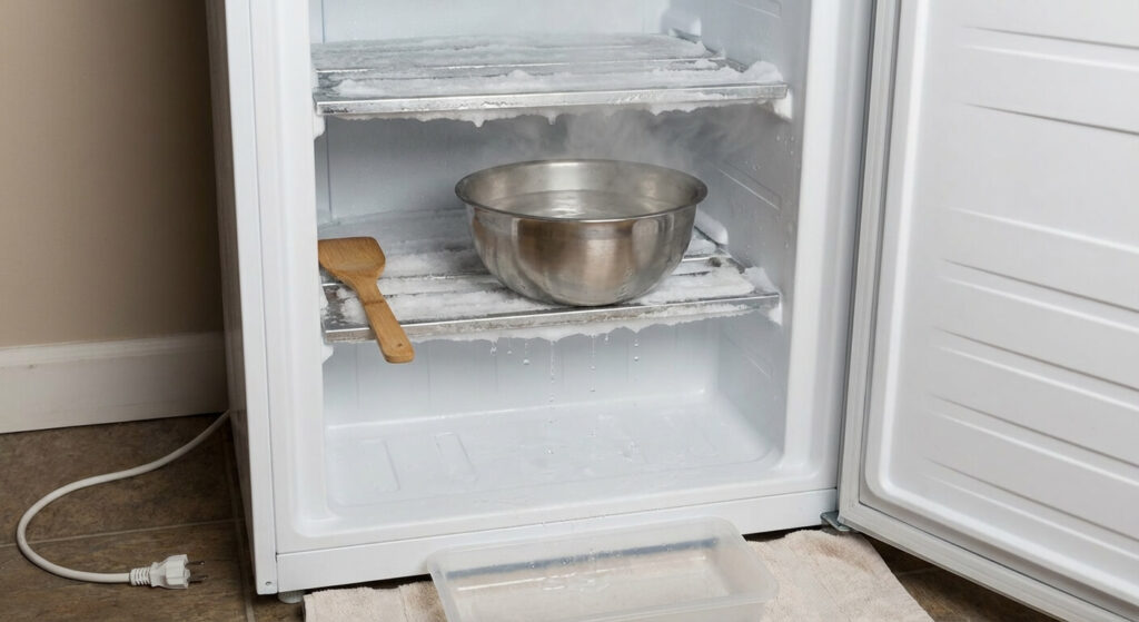 Technique de dégivrage accéléré avec un bol d'eau bouillante placé dans le congélateur éteint pour faire fondre la glace sans abîmer les parois