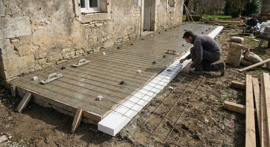 Pose du treillis soudé sur des cales avant le coulage du béton, étape essentielle pour armer la dalle et éviter la fissuration future