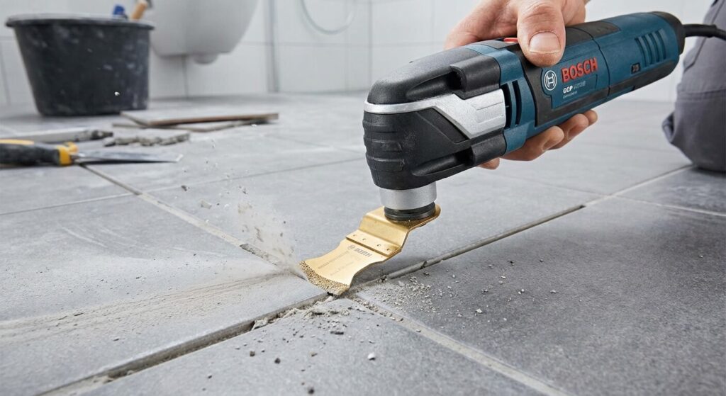 Utilisation d'un outil multifonction oscillant avec lame diamant pour curer proprement les joints défectueux entre les carreaux avant de refaire l'étanchéité