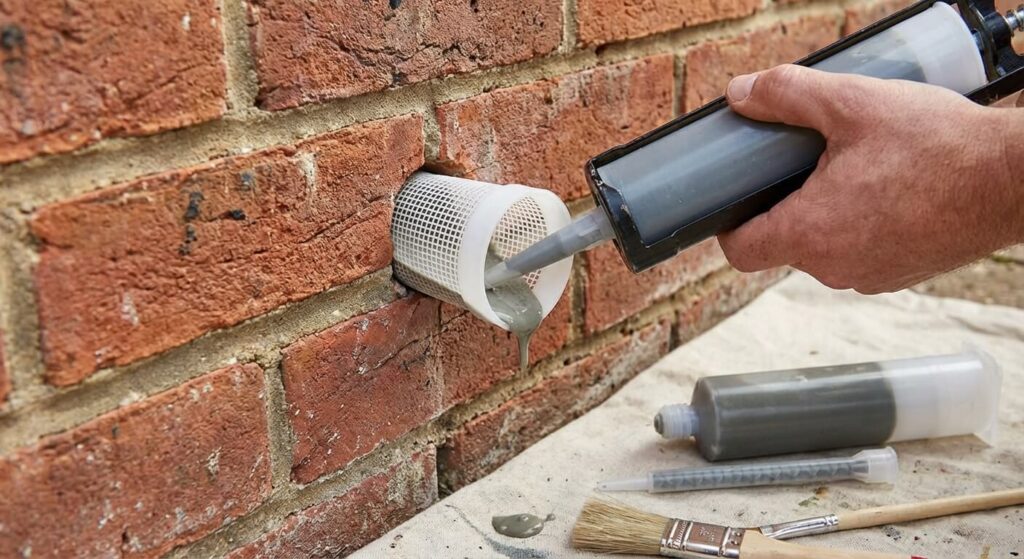 Utilisation d'un pistolet à cartouche pour injecter de la résine de scellement chimique dans un tamis en plastique inséré dans la brique, la méthode la plus robuste