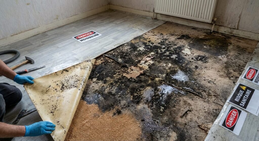 Vue d'une moquette moisie découverte après la dépose d'un revêtement étanche posé par-dessus, soulignant le risque sanitaire de l'enfermement de l'humidité
