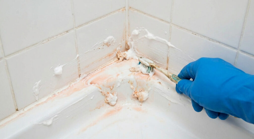 Action de frotter les joints contaminés avec une brosse à dents et une pâte de bicarbonate pour déloger le biofilm sans abîmer le silicone