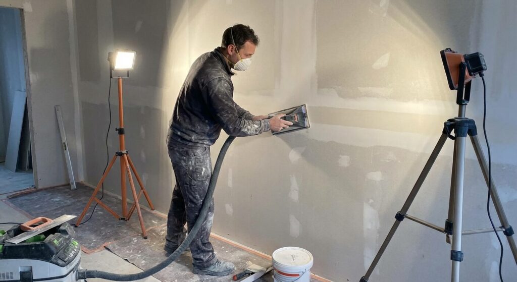 Artisan ponçant une bande à joint avec une cale aspirante et une lumière latérale pour vérifier la planéité parfaite avant la mise en peinture