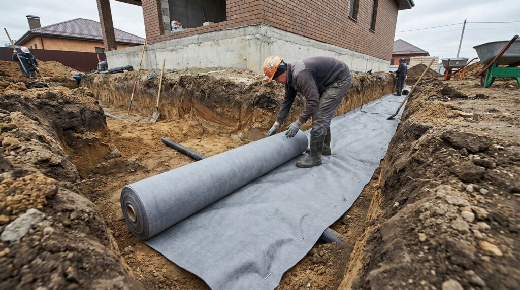 Étape cruciale de la pose du feutre géotextile dans la tranchée périphérique avant le remplissage, essentiel pour empêcher la repousse des mauvaises herbes