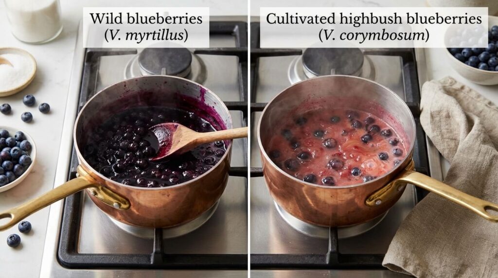 Préparation culinaire montrant la différence de jus à la cuisson : le violet intense de la myrtille sauvage contre le jus plus clair de la variété arbustive