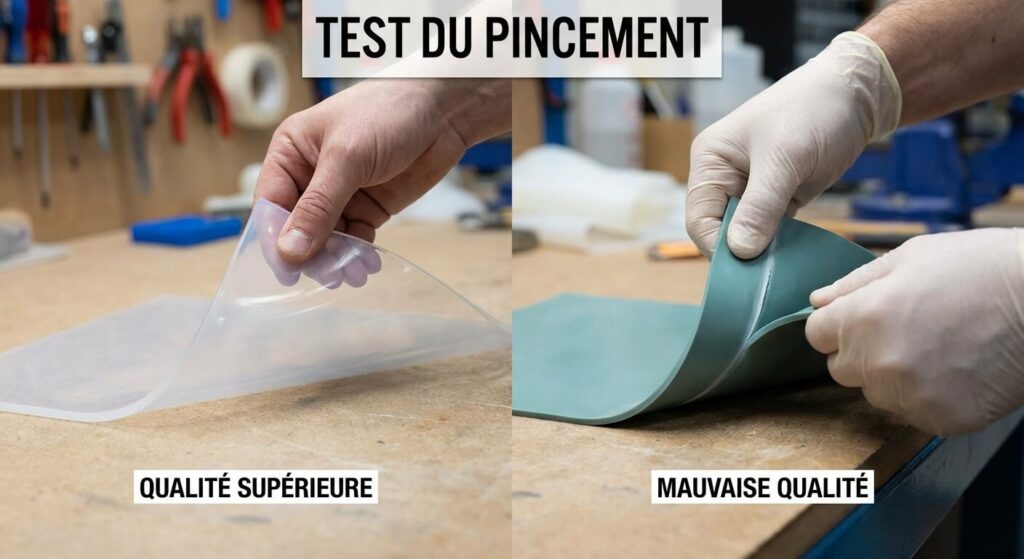 Démonstration du "test du pincement" : on plie le silicone, si une trace blanche apparaît à la pliure, c'est un signe de mauvaise qualité (présence de charges plastiques)