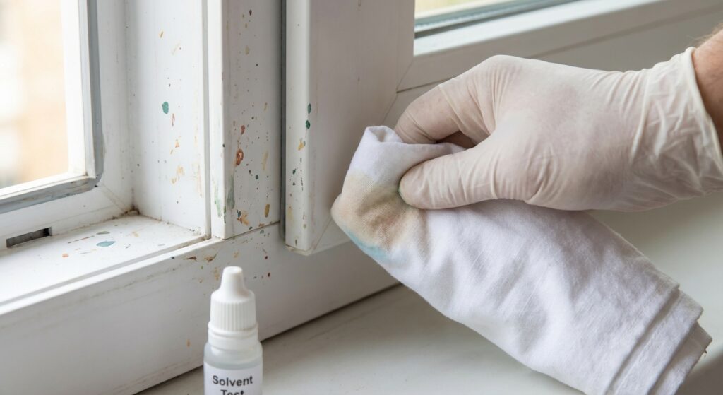 Réalisation d'un test de compatibilité de solvant sur une partie cachée de la fenêtre PVC avec un chiffon blanc pour vérifier l'absence de réaction chimique (fonte ou décoloration)