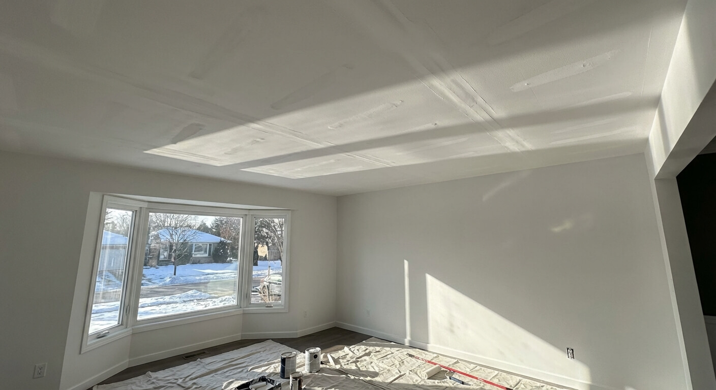 Plafond fraîchement peint révélant les "fantômes" des bandes à joint sous la lumière d'une baie vitrée, défaut esthétique majeur en finition intérieure