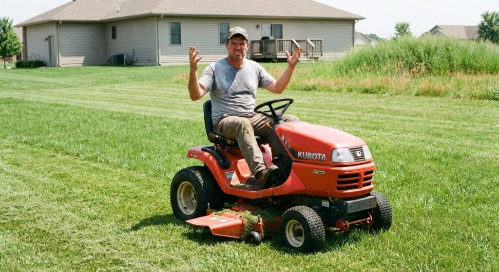 Propriétaire frustré sur son tracteur tondeuse qui vient de caler au milieu de la pelouse