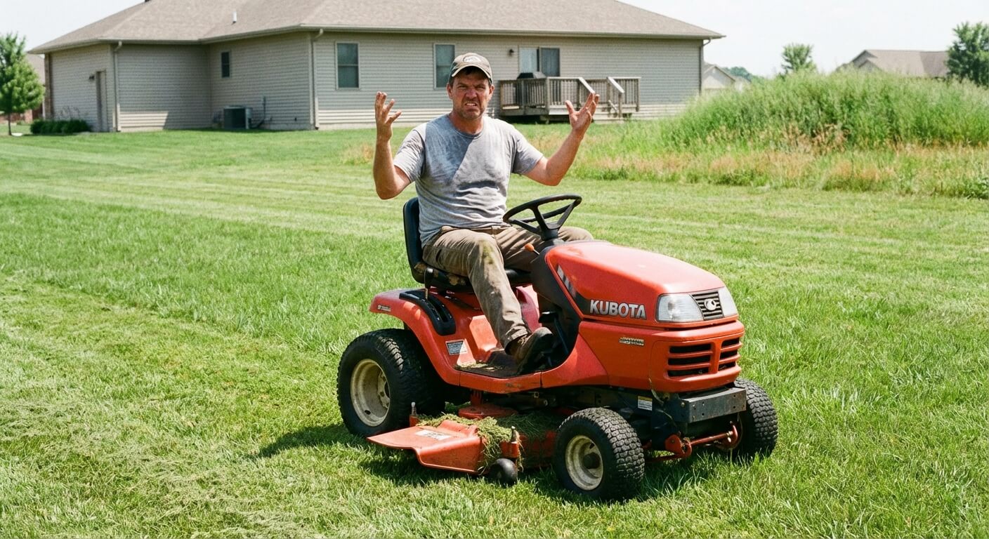 Propriétaire frustré sur son tracteur tondeuse qui vient de caler au milieu de la pelouse
