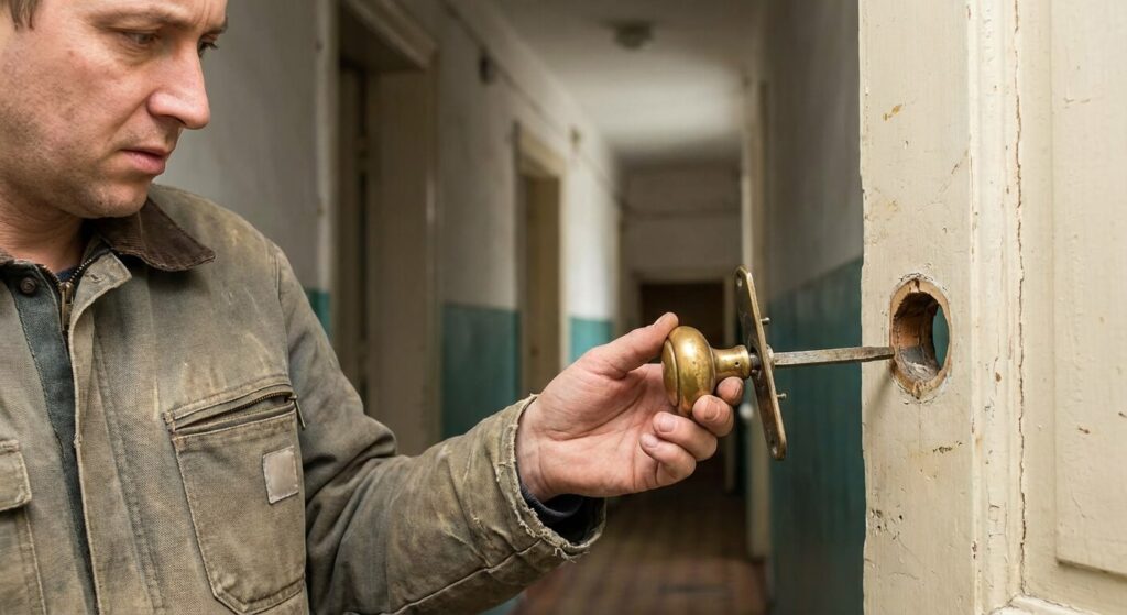 Une personne tenant une poignée de porte désolidarisée de son support mural