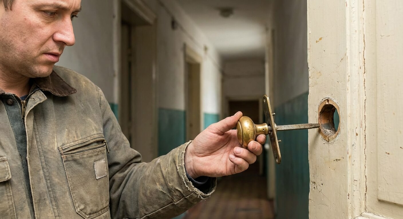 Une personne tenant une poignée de porte désolidarisée de son support mural