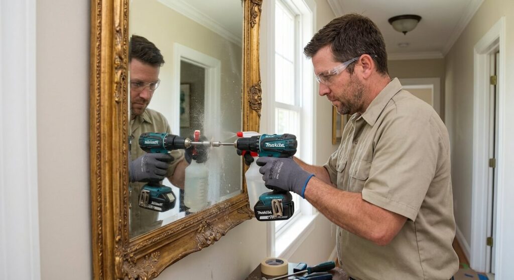 Bricoleur utilisant une perceuse sans percussion pour faire un trou minutieux dans un grand miroir mural