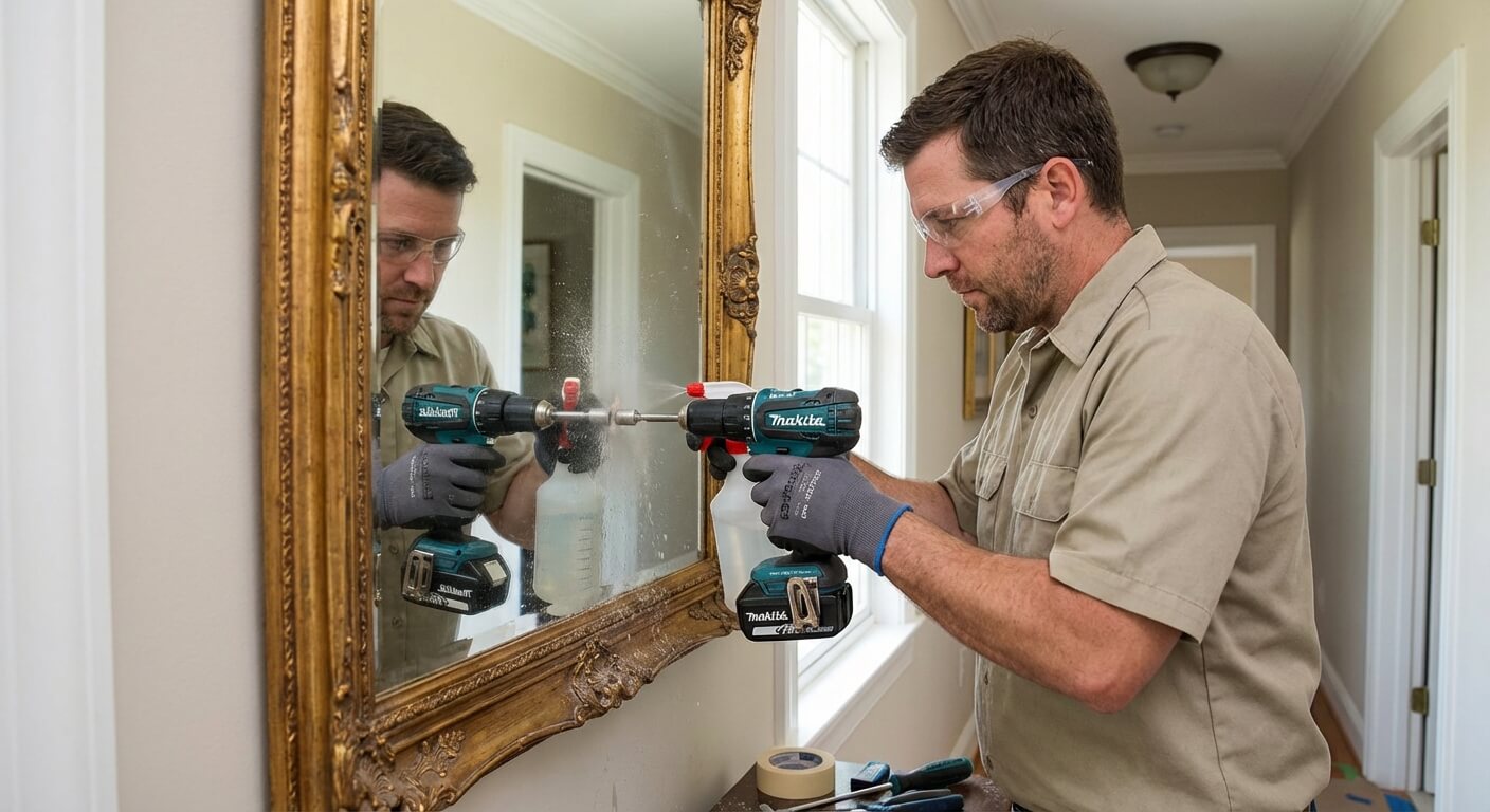 Bricoleur utilisant une perceuse sans percussion pour faire un trou minutieux dans un grand miroir mural