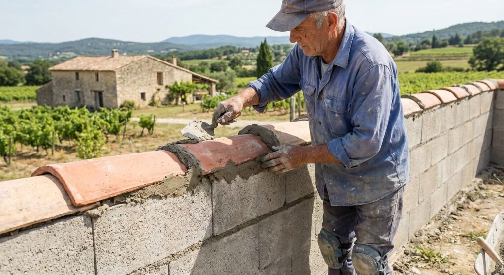 Artisan maçon scellant avec du mortier des tuiles canal sur le sommet d'un muret de clôture en parpaings