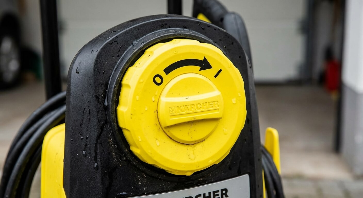 Gros plan sur le bouton rotatif jaune de marche/arrêt d'un nettoyeur haute pression Kärcher