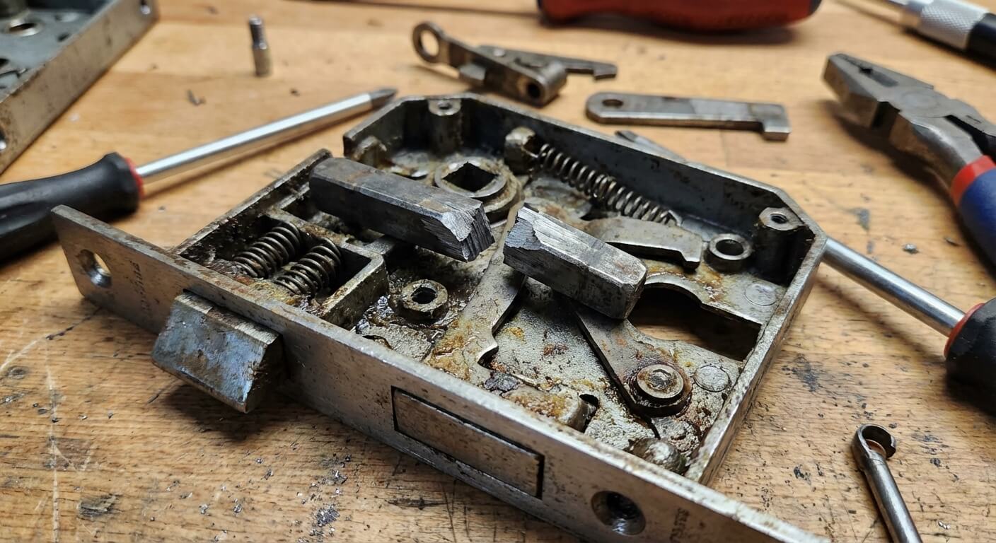 Vue démontée d'un coffre de serrure montrant le carré central (fouillot) en acier brisé