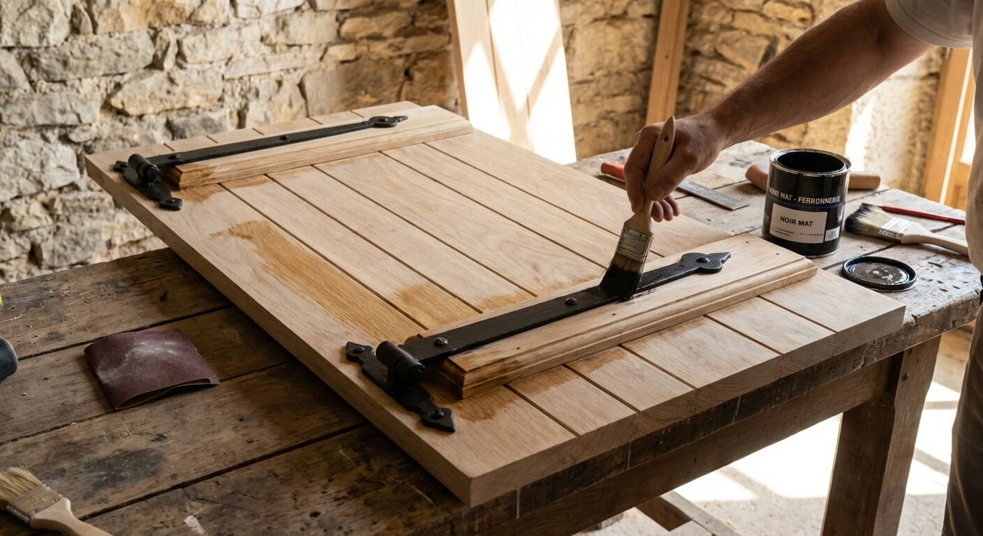 Rénovation d'un volet en bois clair avec des pentures et des gonds peints en noir mat pour créer un contraste