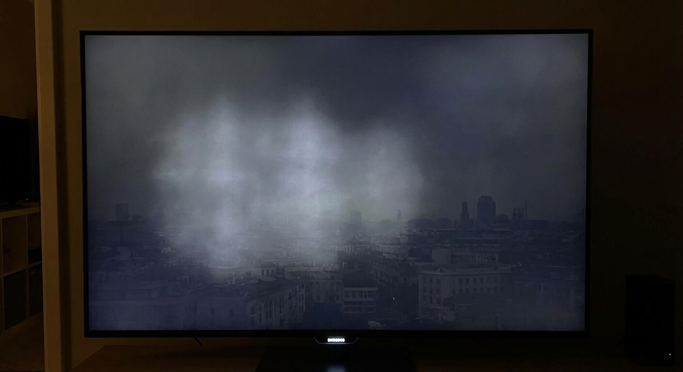 Écran de télévision Samsung allumé présentant une tache blanche diffuse causée par un défaut de rétroéclairage