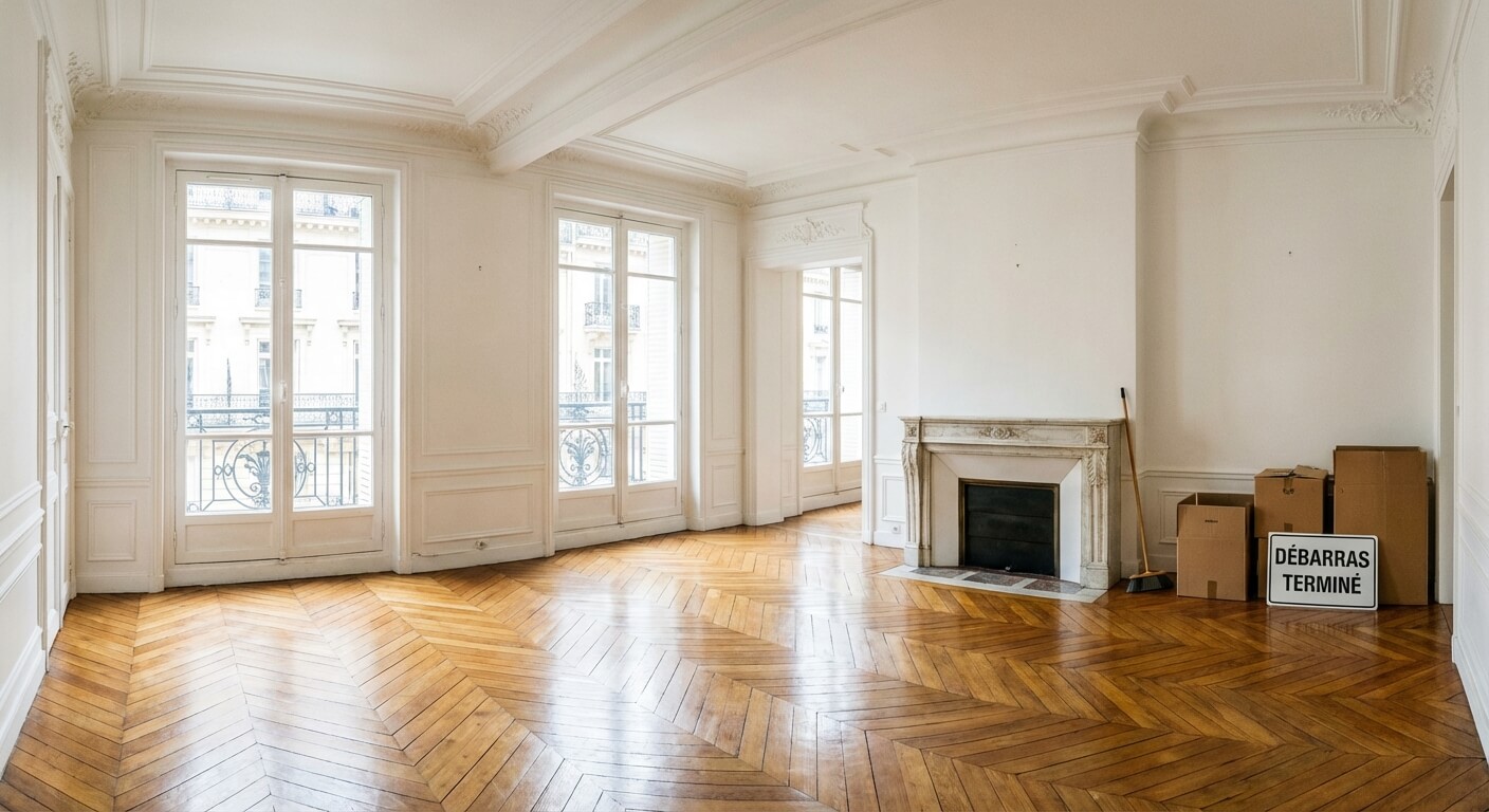 Salon d'appartement lumineux et vide après une prestation de débarras professionnel pour vente immobilière.