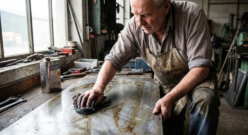 Bricoleur nettoyant rigoureusement une plaque de métal avec un chiffon imbibé de solvant avant l'application de la couleur