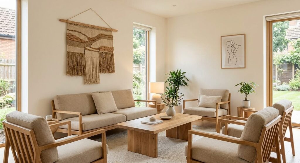 Décoration zen et minimaliste : comment transformer son intérieur en sanctuaire de sérénité 2 Salon zen avec mobilier en bois clair et décoration murale minimaliste.