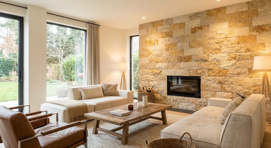 Salon moderne avec un mur en pierre de parement Orsol aux nuances naturelles et chaleureuses.