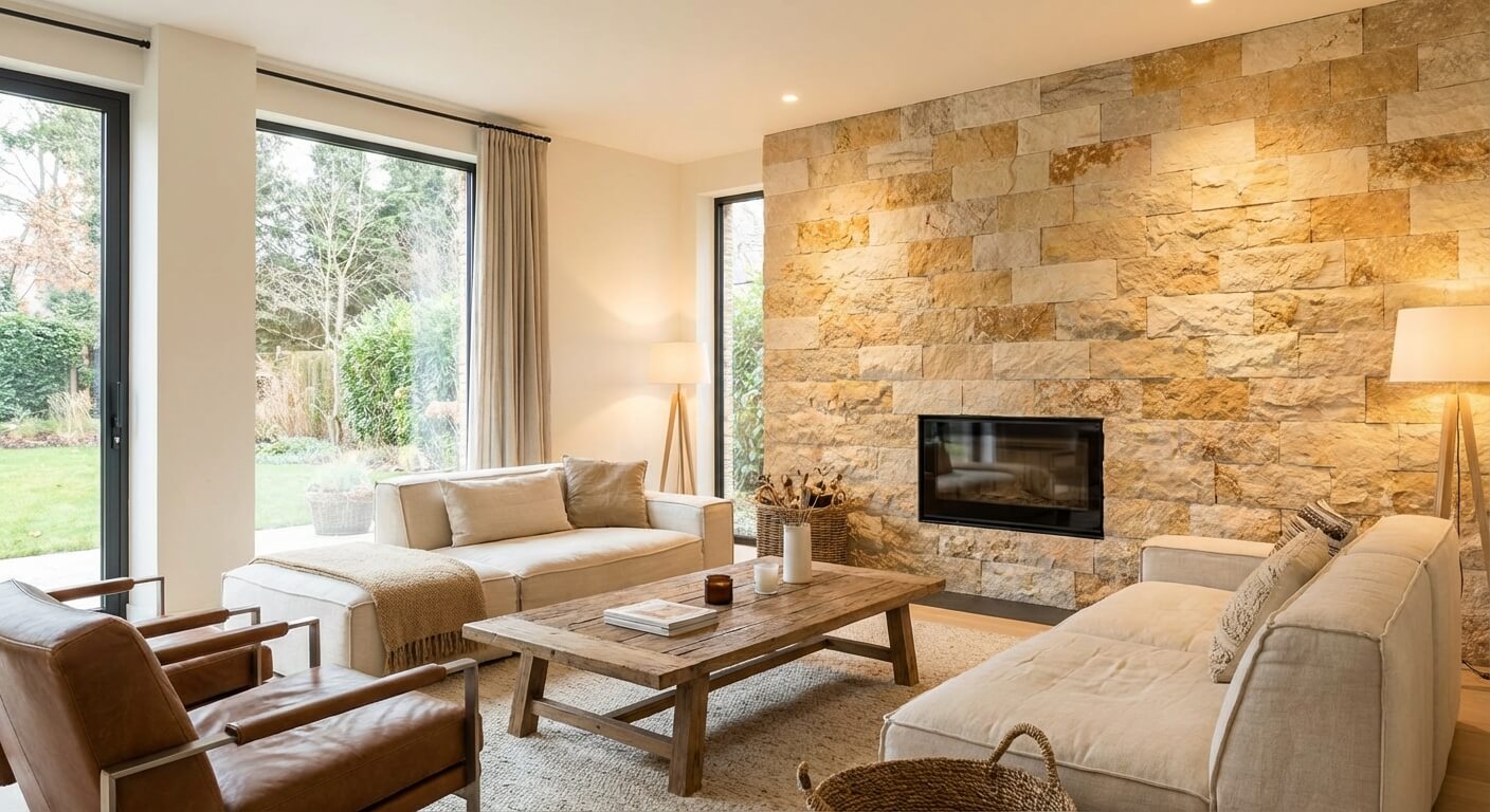Salon moderne avec un mur en pierre de parement Orsol aux nuances naturelles et chaleureuses.