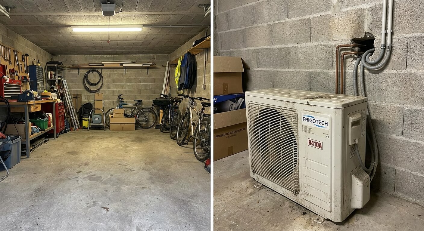 Unité extérieure de climatiseur posée dans un garage au mur